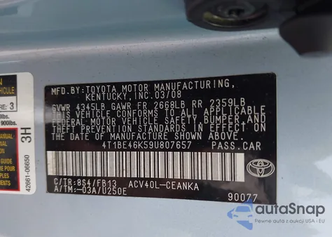 2009 Toyota Camry Le z USA, uszkodzony, nr VIN 4T1BE46K59U807657